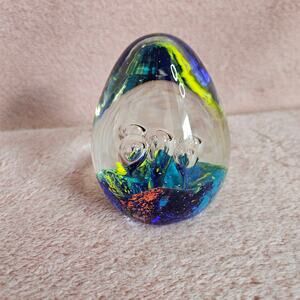 Vintage Multi-Color Hand-Blown Art Glass Egg Paperweight w/ Controlled Bubbles